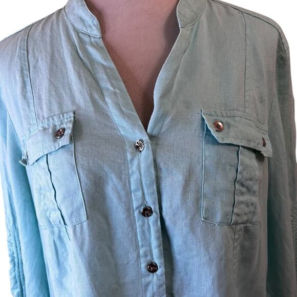 100% Linen Aqua Green JM Collection V-neck Button Up Blouse, 3/4 Sleeves Size 12 - Picture 3 of 6